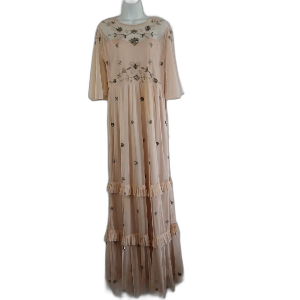Boohoo Dress Peachy Lace Beaded Floral Maxi Milkmaid Sz 12